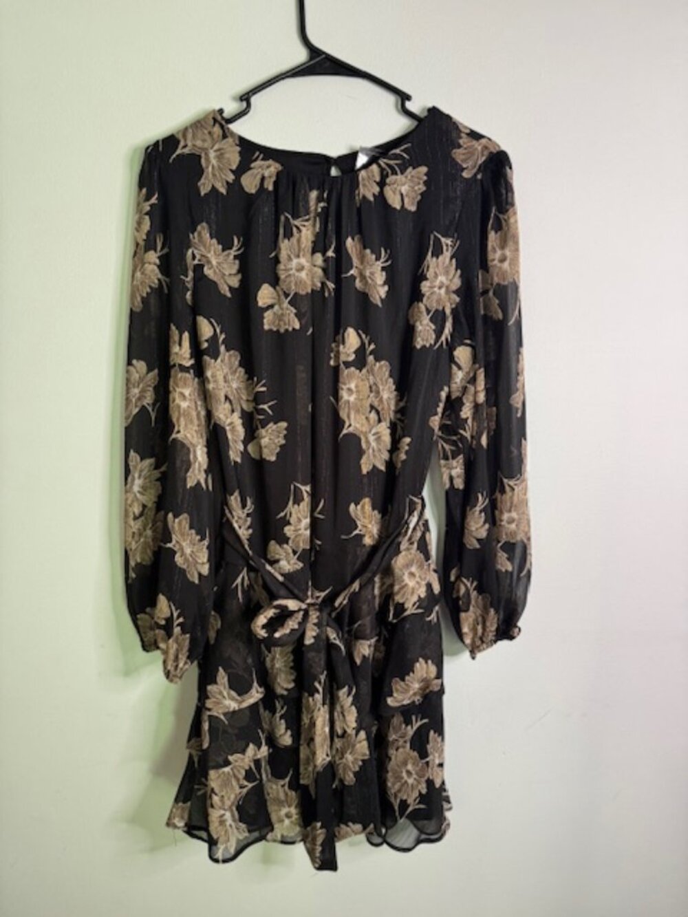MSK Women's Black and Brown Floral Long Sleeve Sheer Overlay Dress Large